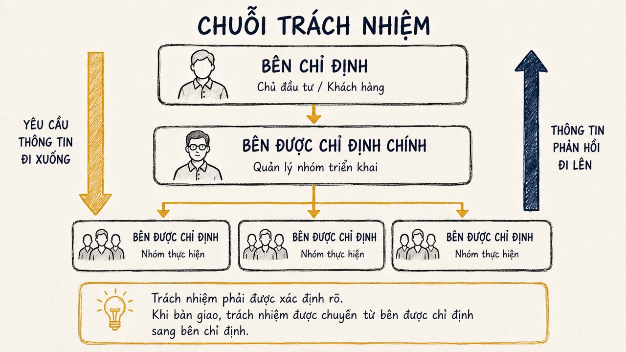 Chuỗi trách nhiệm và luồng trao đổi thông tin giữa Bên chỉ định, Bên được chỉ định chính và các Bên được chỉ định theo ISO 19650.