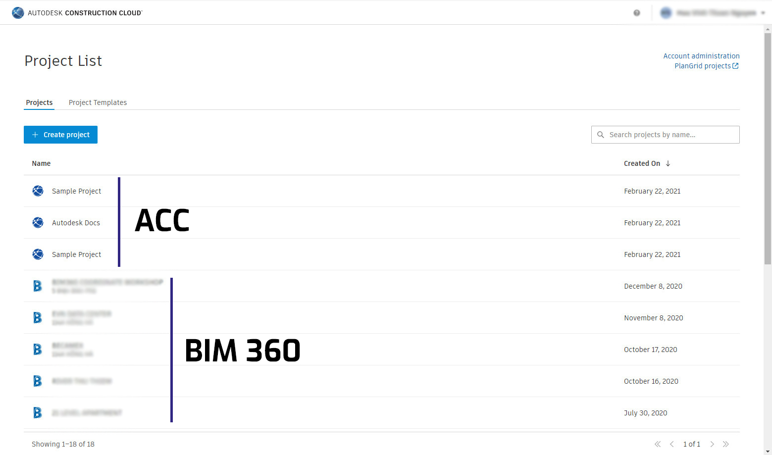 Giao diện trình quản lý Autodesk Cloud Construction