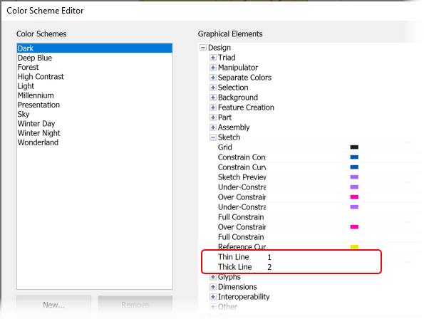 Các thông số Sketch Line và Thick Line được lưu trong Color Scheme Editor  