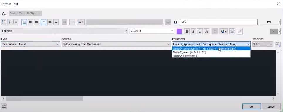 Dữ liệu từ tính năng Finish được tích hợp vào hộp thoại Format Text