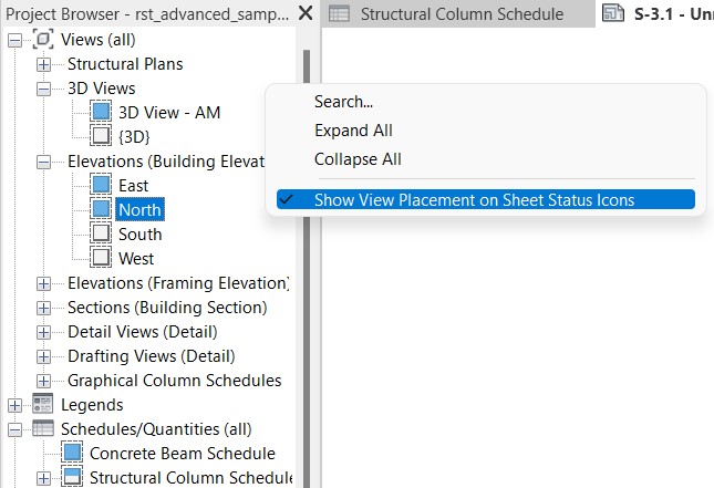 Project Browser icon for views on sheets