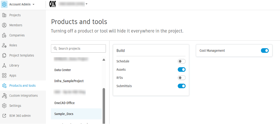 Tính năng cho phép bật tắt công cụ trong Autodesk Build