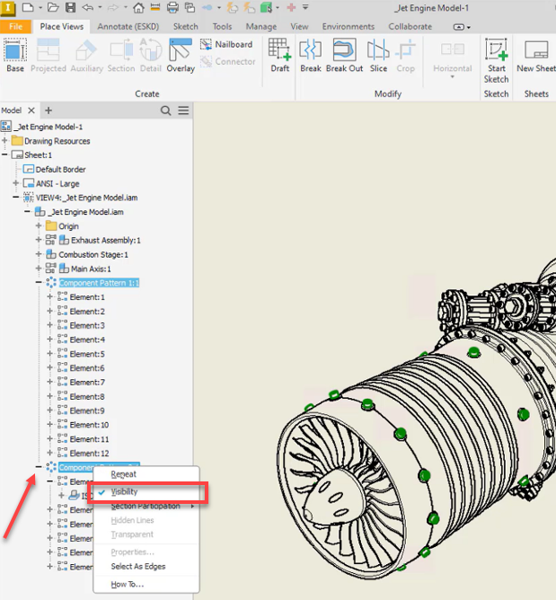 Ẩn/hiện các đối tượng Pattern trong môi trường Drawing trên Inventor 2025.2