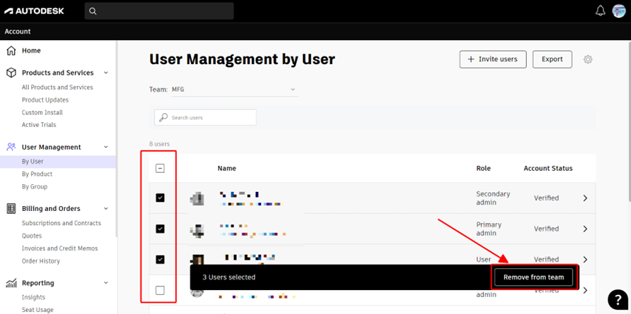 Autodesk Account cho phép chọn nhiều user