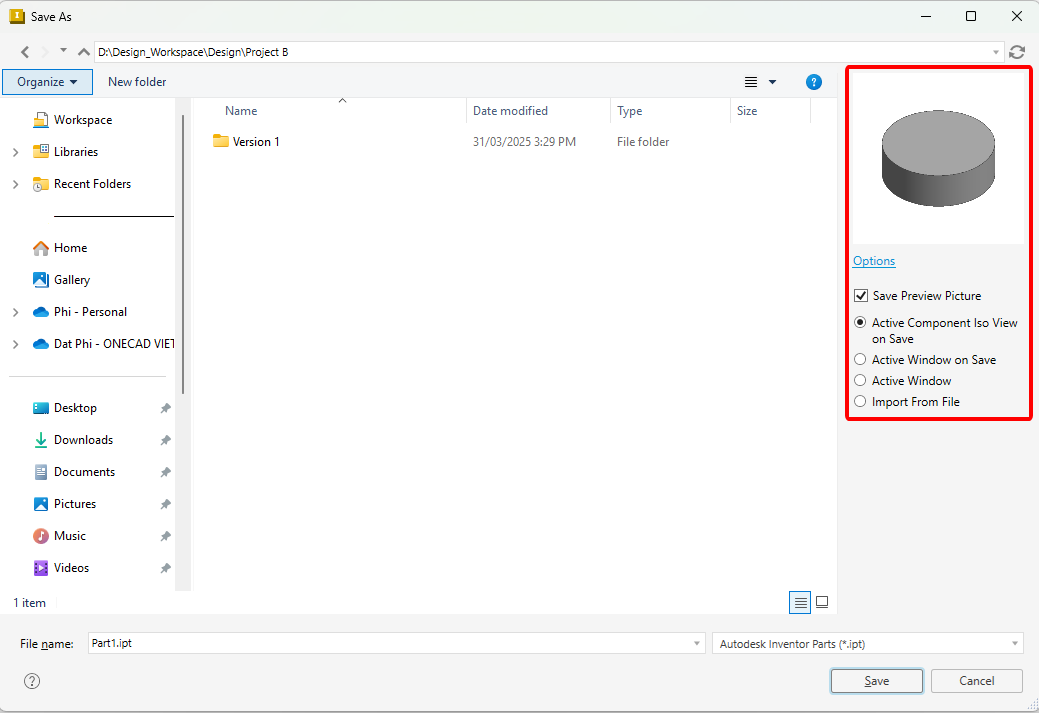  Bạn có thể xem thumbnail của mô hình trong lúc lưu file trên Inventor 2026 