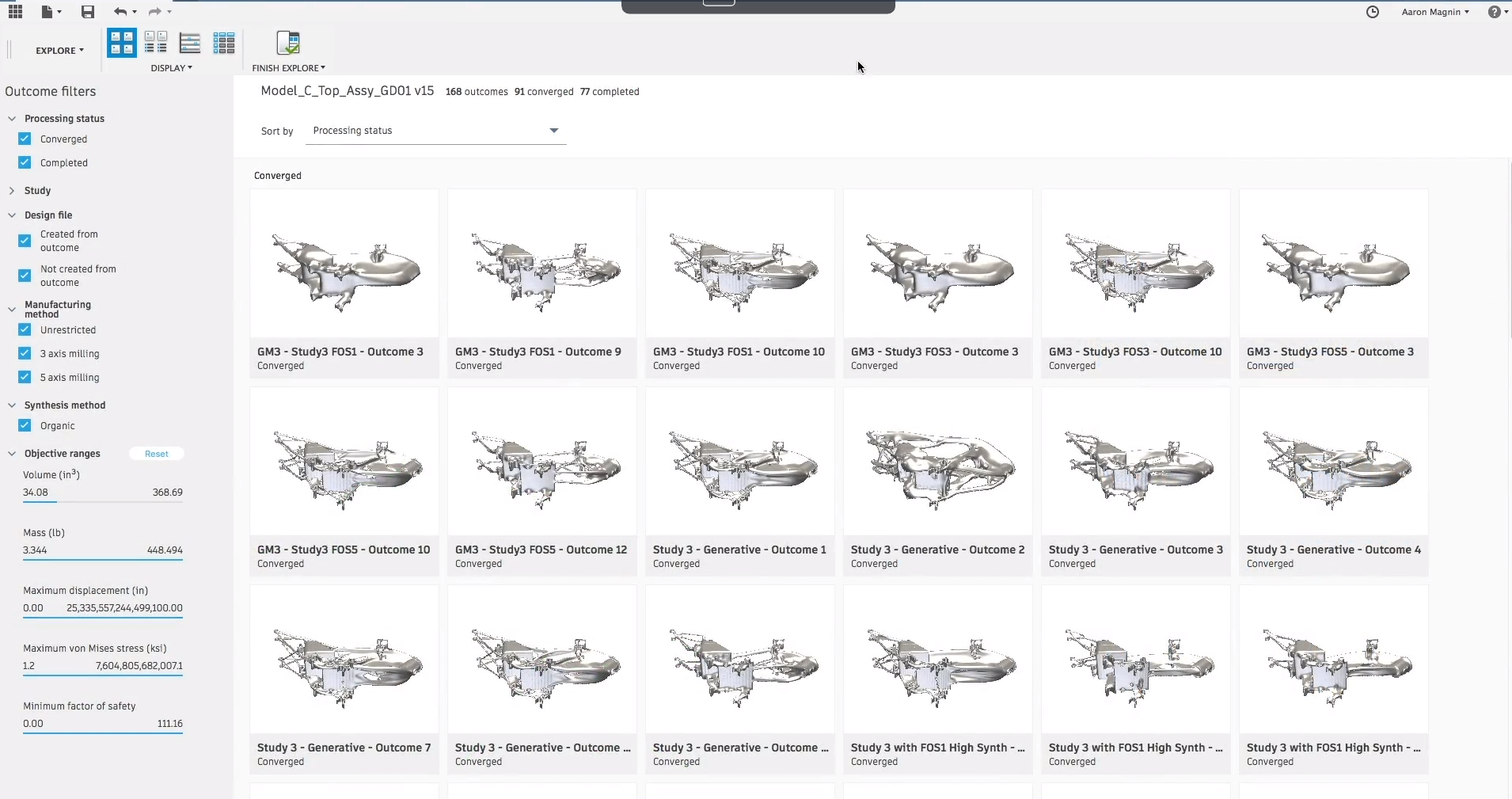 Bảng các phương án được Generative Design tạo ra trên Fusion 360