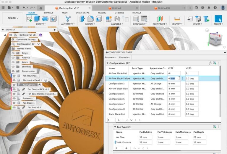 Bảng cấu hình sản phẩm trên Autodesk Fusion