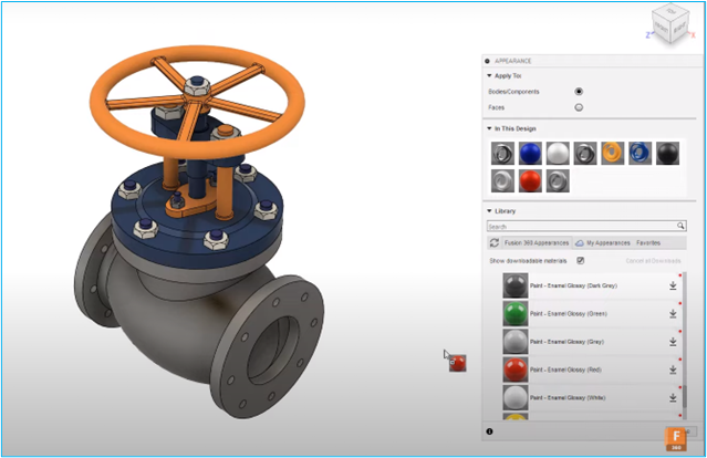 bảng hộp thoại apperance trên fusion 360