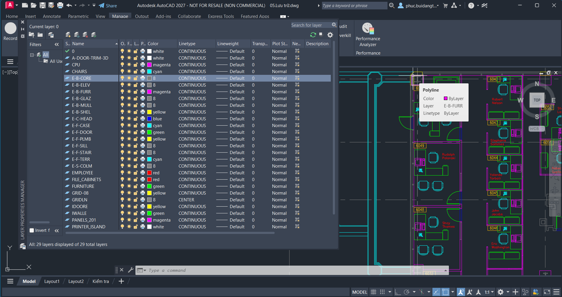 Các lớp dữ liệu layer trong một file DWG.