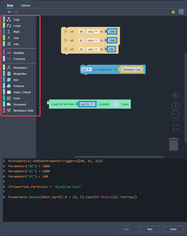 Các nhóm khối lệnh hỗ trợ xây dựng quy tắc tự động hóa trong Code Blocks