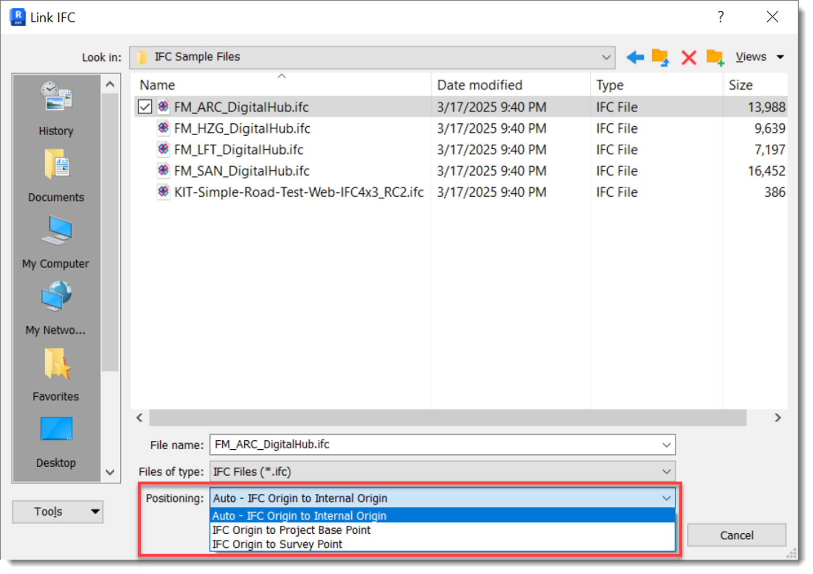 Các tùy chọn khi link IFC trong Revit