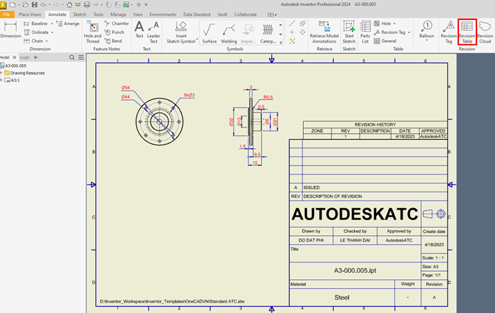 Cách chọn lệnh revision table trong inventor 2024