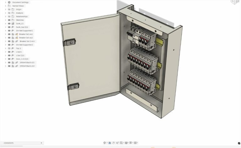 Chi tiết tủ điện trong Autodesk Fusion – lắp ráp cầu dao tự động, cầu đấu, thanh cái và kiểm tra lắp ghép trong môi trường 3D