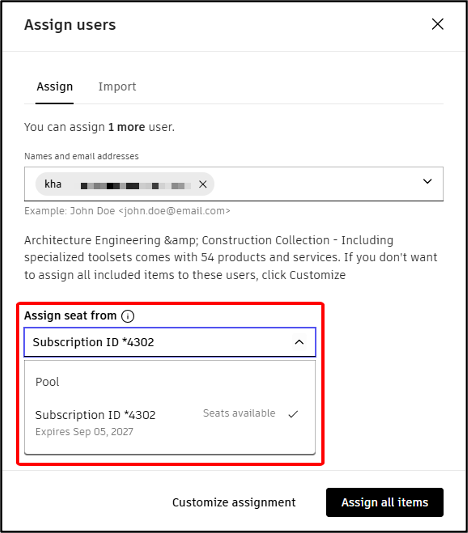 Chọn và gán seat từ Pool hoặc Subscription cụ thể để kiểm soát hạn license.