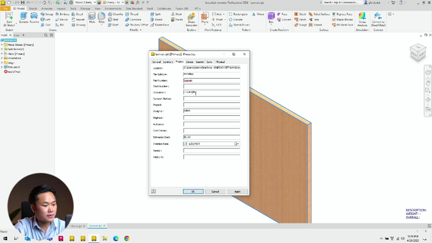Chuyển tham số từ hộp thoại Parameters vào iProperties trong môi trường Part 