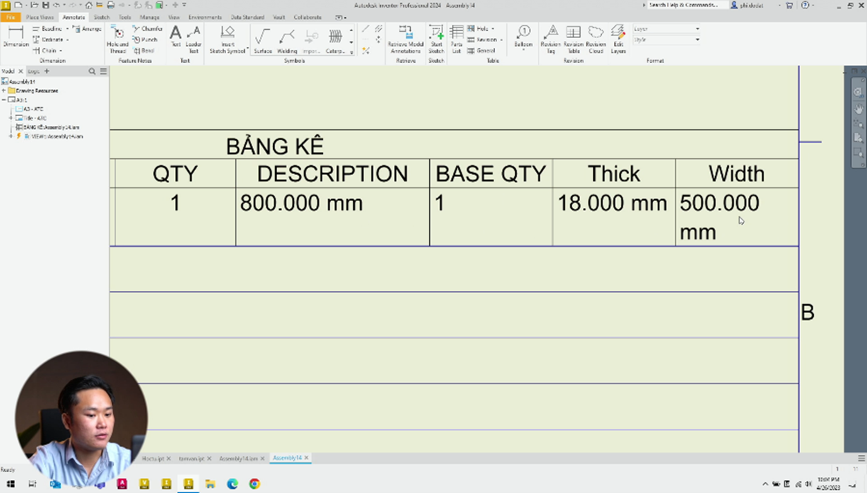 Chuyển tham số vào Part list trong môi trường Drawing