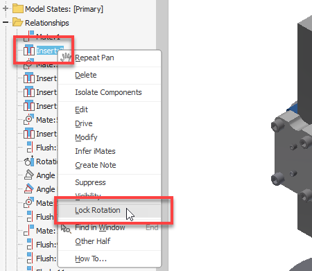 Có thể chọn Lock Rotation từ Model Browser trên Inventor 2025.1