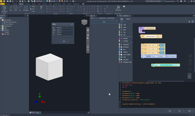 Code Blocks đồng thời hiển thị các khối lệnh và mã iLogic tương ứng theo thời gian thực