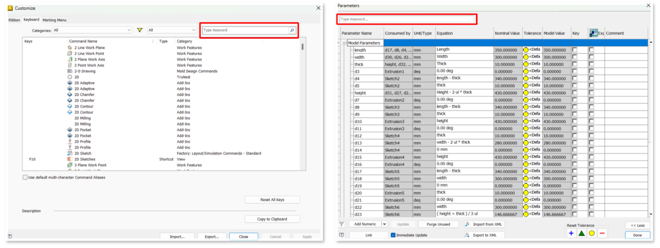 Công cụ tìm kiếm được thêm vào Customize và Parameters