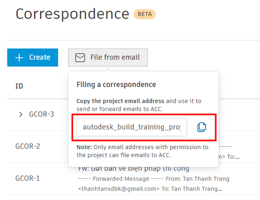 Copy địa chỉ email của dự án trên Autodesk Build
