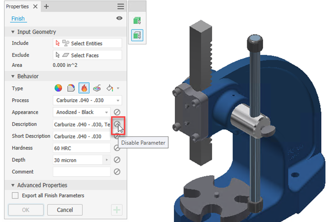 Dễ dàng ẩn các tham số Finish bằng nút “Disable parameter”