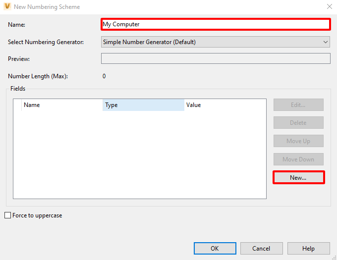 Điền vào hộp thoại numbering schemes