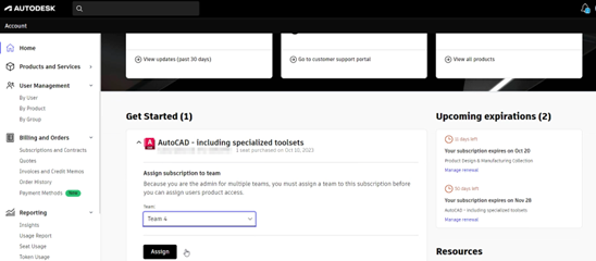 Gán hợp đồng mới cho Team trên Autodesk Account