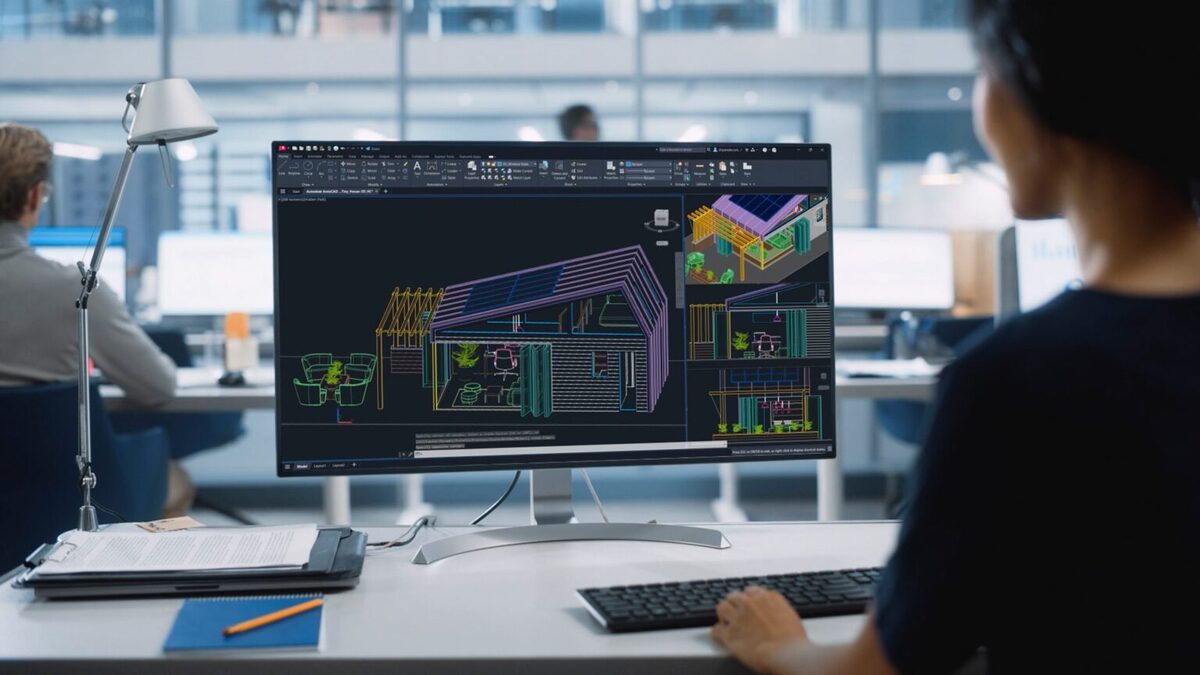 Giao diện AutoCAD với bản vẽ CAD, minh họa quy trình chuyển đổi và xuất bản vẽ sang các định dạng khác như PDF