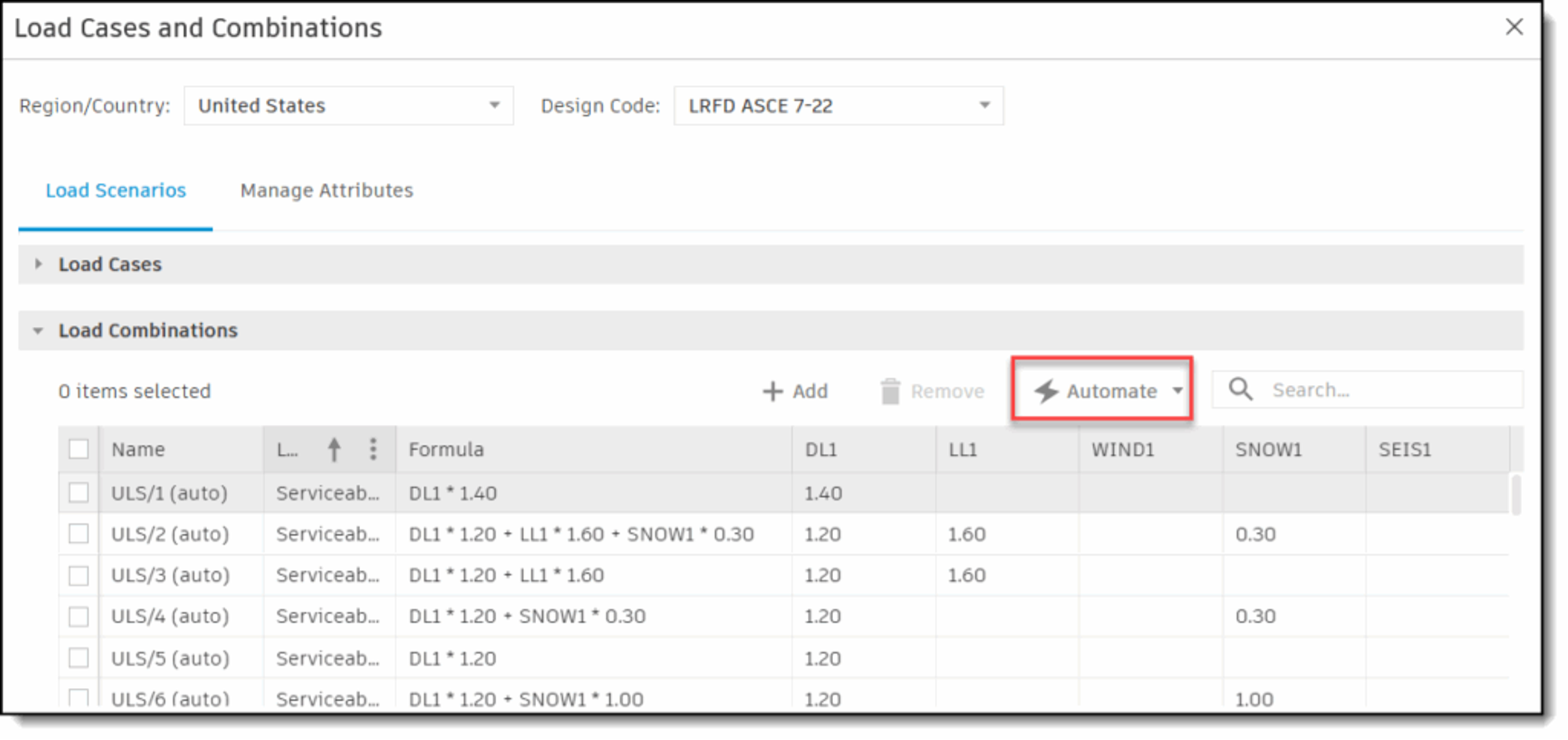 Giao diện công cụ Automate Load Combination