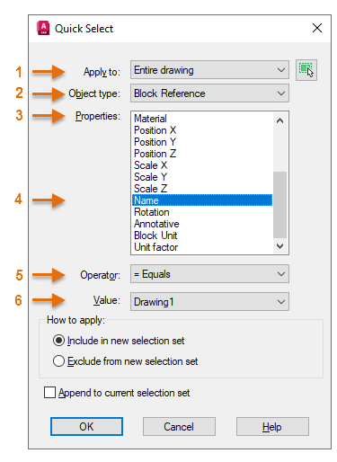 Giao diện hộp thoại tính năng Quick Select trên AutoCAD