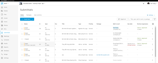 Giao diện Submittals trong Autodesk Build
