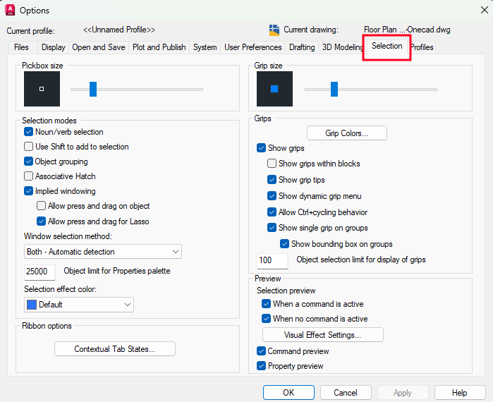 Giao diện thiết lập Selection Preview trong AutoCAD