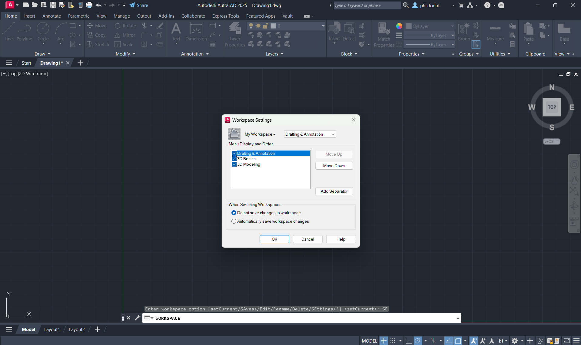 Giao điện thiết lập workspaces trên AutoCAD