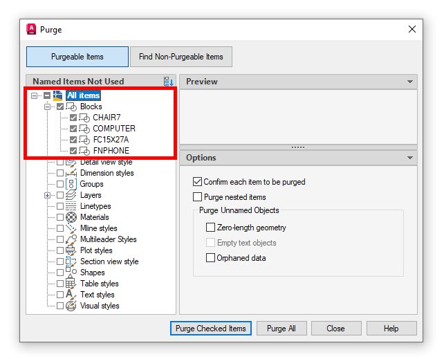 Giao diện tính năng Purge trên AutoCAD
