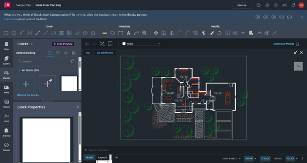 Giao diện tổng quan của tính năng Block Auto-Categorization and Search trên AutoCAD on the web