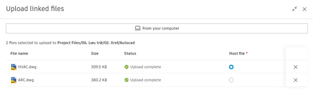Giao diện upload tập tin của tính năng Upload linked files