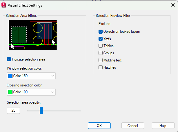 ​​​​​​​Giao diện Visual Effect Settings dùng để kiểm soát Selection Preview trong AutoCAD