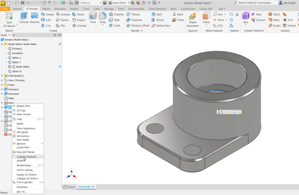 Hình ảnh minh hoạ cách ẩn feature bằng Model States trên Inventor