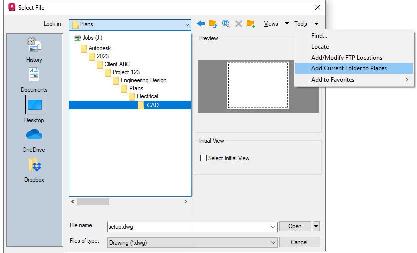 Hình ảnh mô tả thiết lập Places trên AutoCAD
