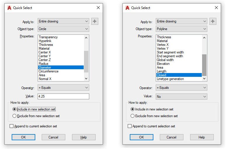 Hình ảnh mô tả thiết lập Quick Select trên AutoCAD