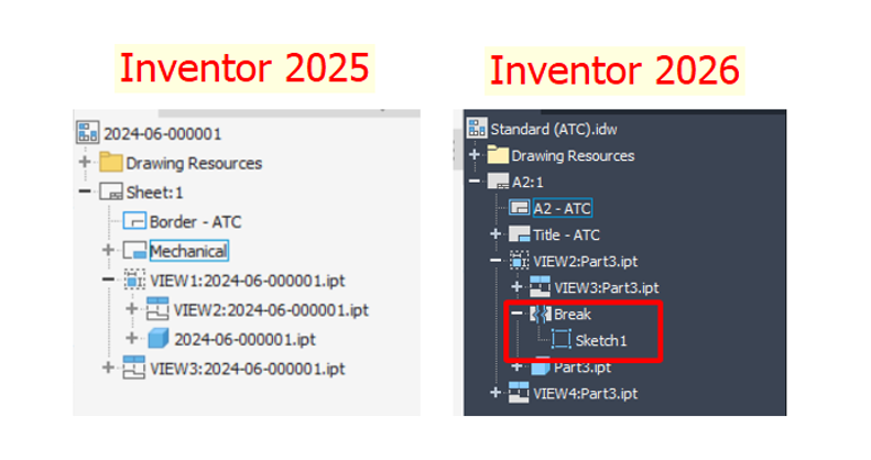 Hình ảnh mô tả tính năng Break được lưu lại trong Model Browser trên Inventor 2026 
