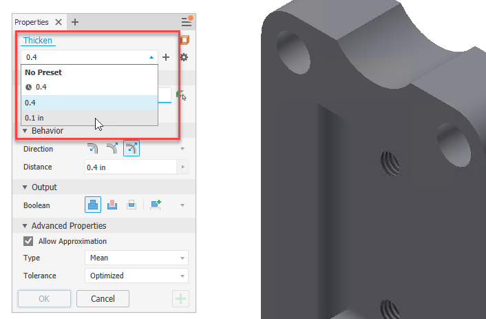 Hỗ trợ công cụ preset trên Inventor 2025.1 trong Thicken và Offset