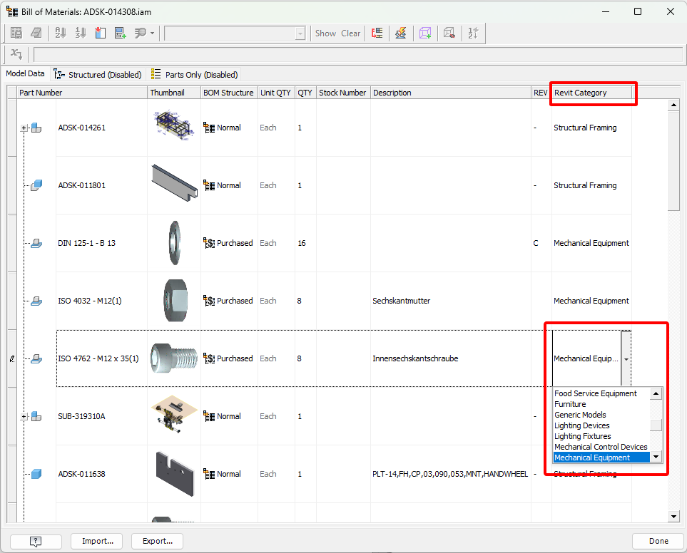 Hỗ trợ thêm giá trị Revit Categories trong bảng kê vật liệu (BOM)
