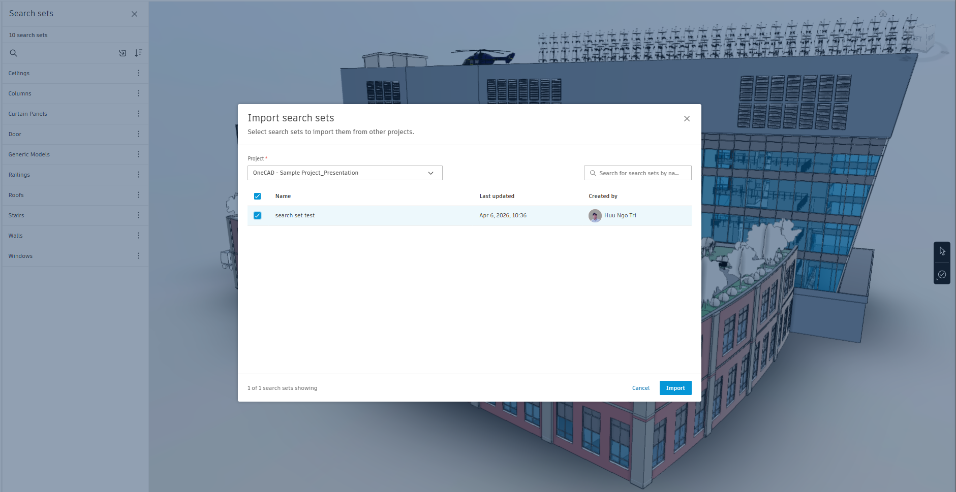 Hộp thoại Import Search Sets từ dự án khác
