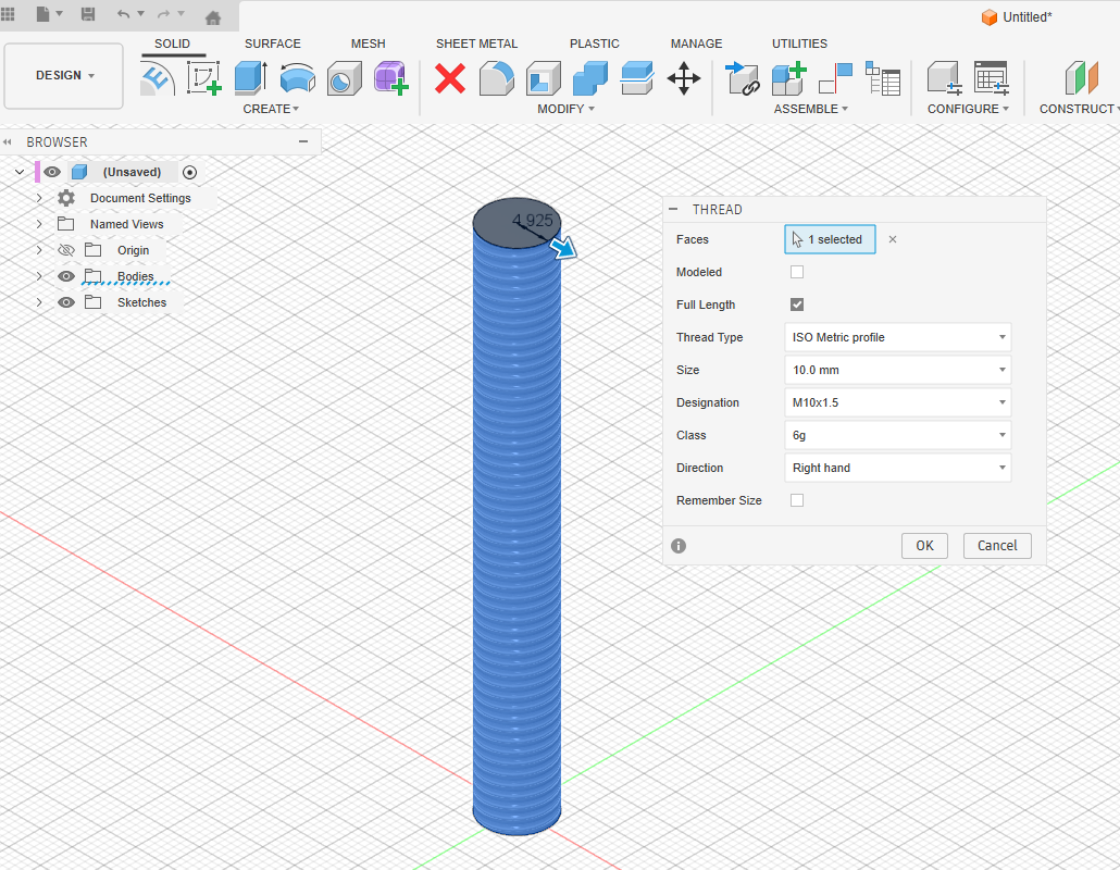 Hộp thoại Thread cho phép tùy chỉnh đầy đủ các thông số khi tạo ren ngoài (External Thread) trong Autodesk Fusion.