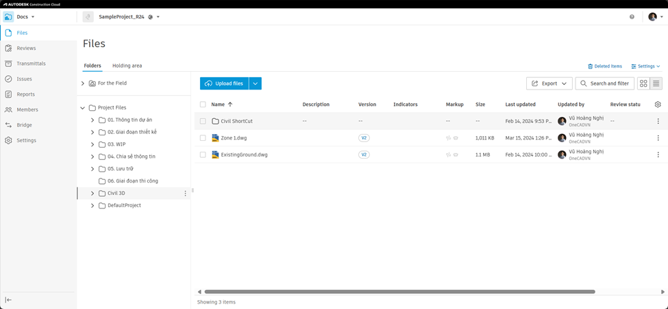 Lưu tập tin vào dự án được khởi tạo trên Autodesk Construction Cloud.