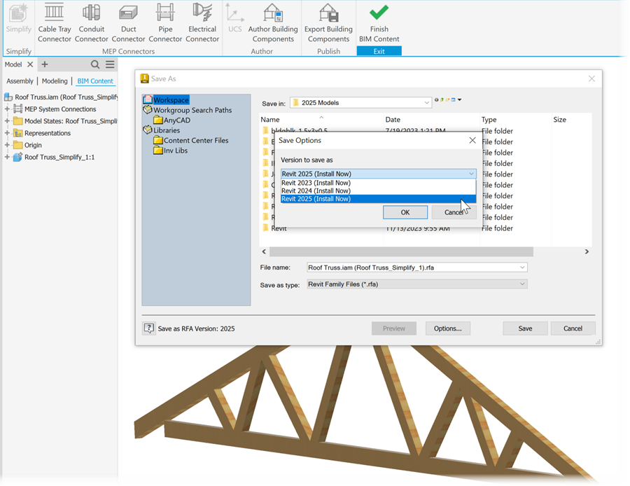 Inventor 2025 hỗ trợ xuất các file phù hợp với từng phiên bản Revit