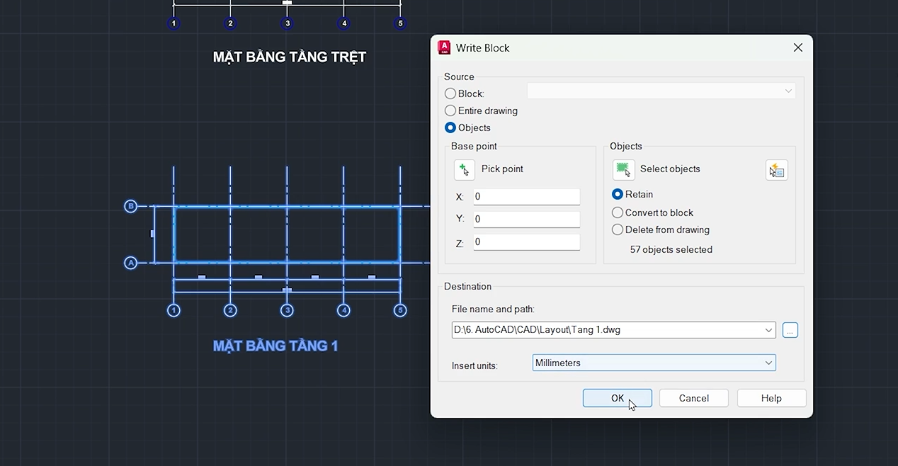 Lệnh WBLOCK cho phép xuất các đối tượng đã chọn thành một file DWG riêng