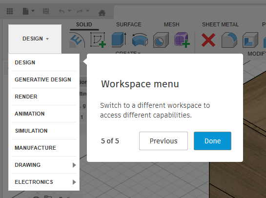 Menu Workspace cho phép chuyển đổi các môi trường làm việc trong Autodesk Fusion
