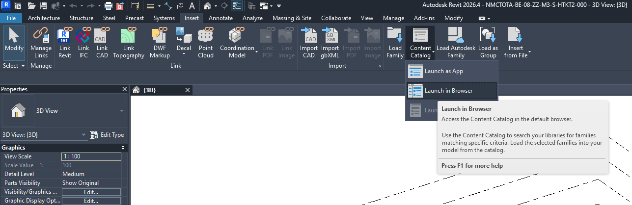 Mở Content Catalog trực tiếp trong Revit với tài khoản ACC được kết nối tự động